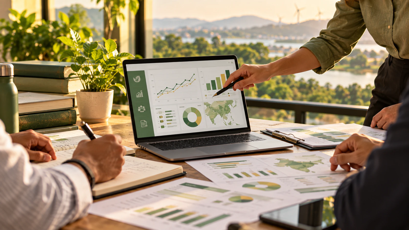 A team reviewing impact charts and indicators on a laptop and printed reports