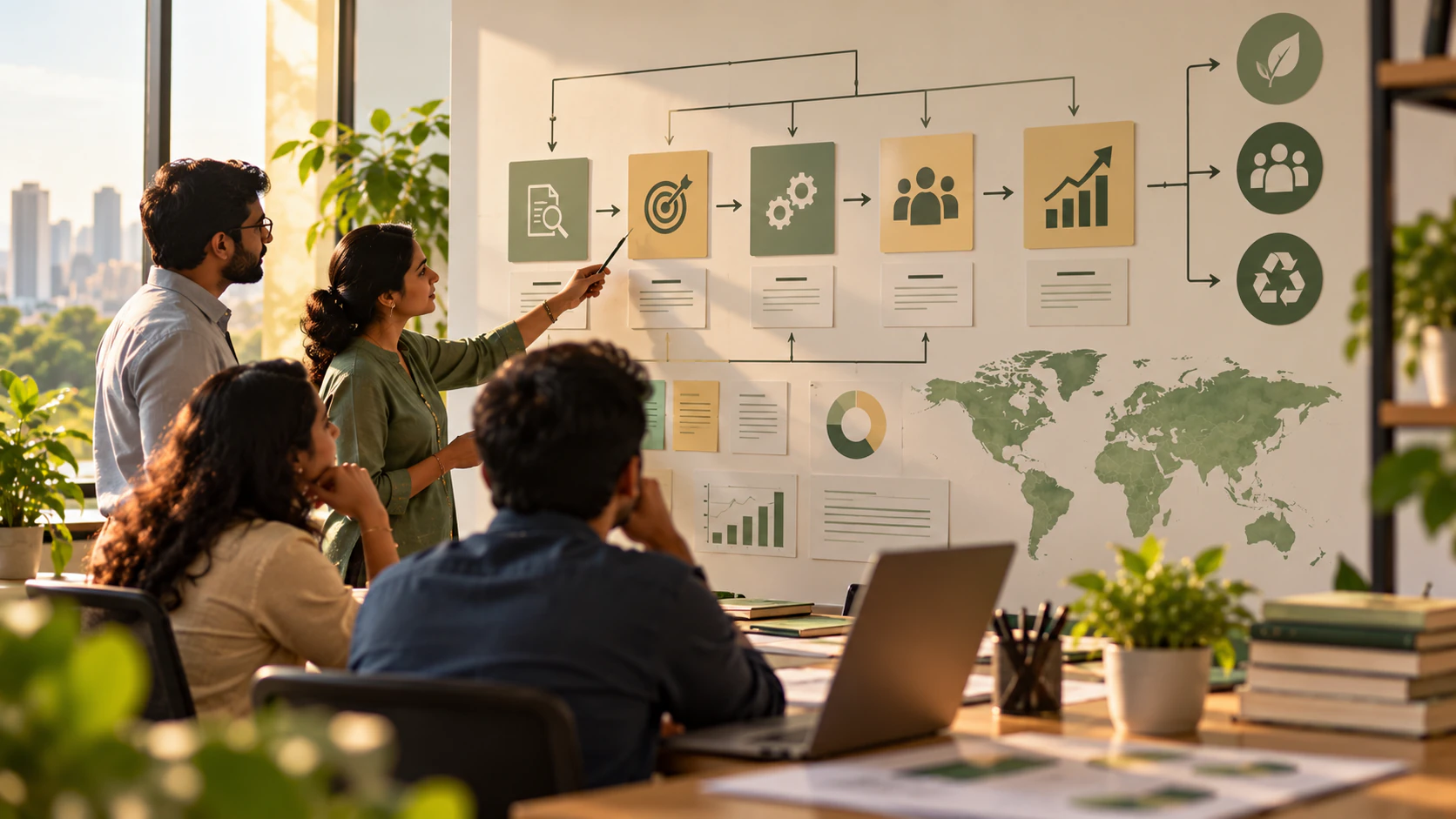 A team around a wall-mounted process flow of research, goals, operations, people and growth