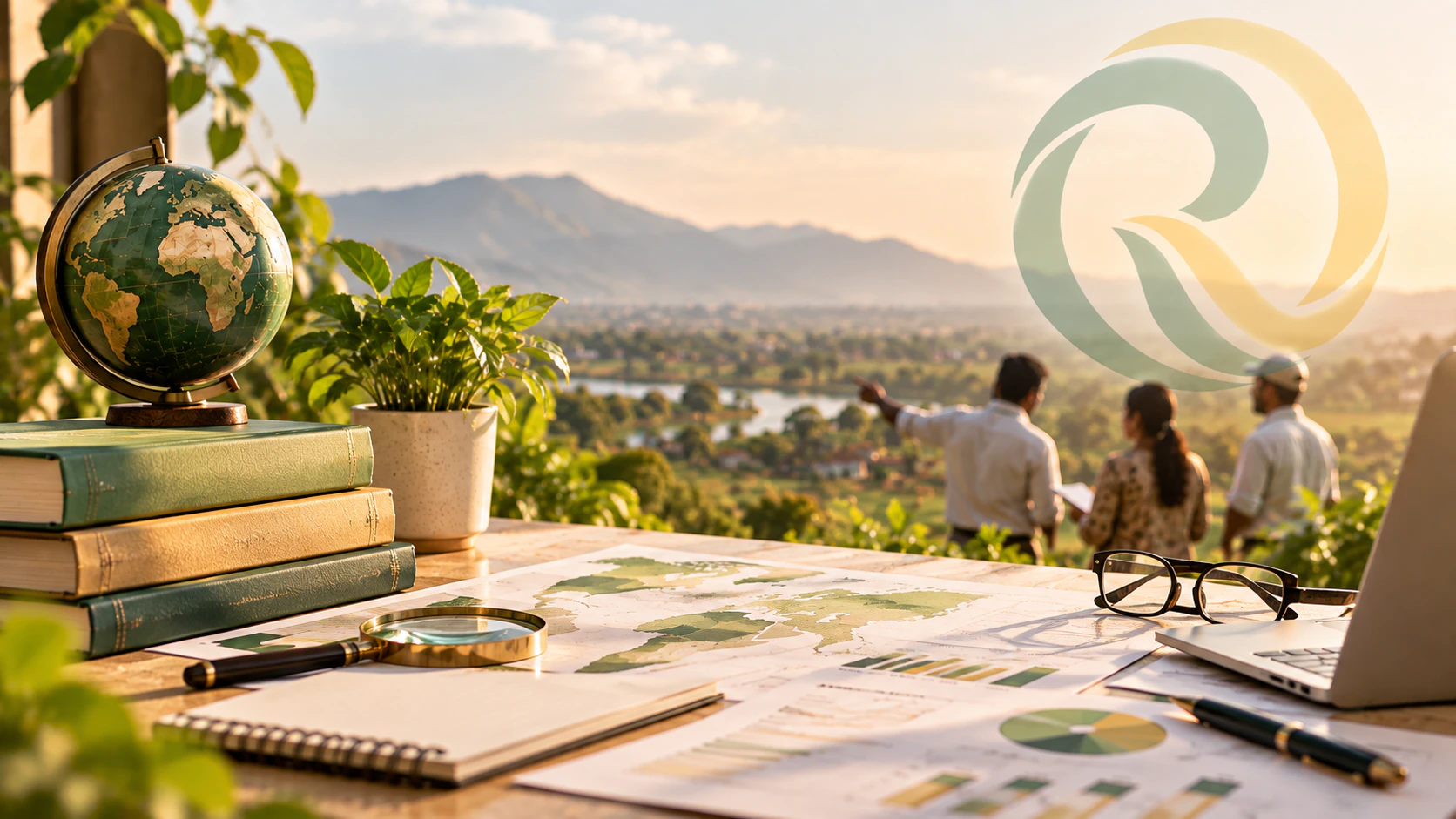 Globe, books, maps and charts on a desk overlooking a valley where three people survey the land