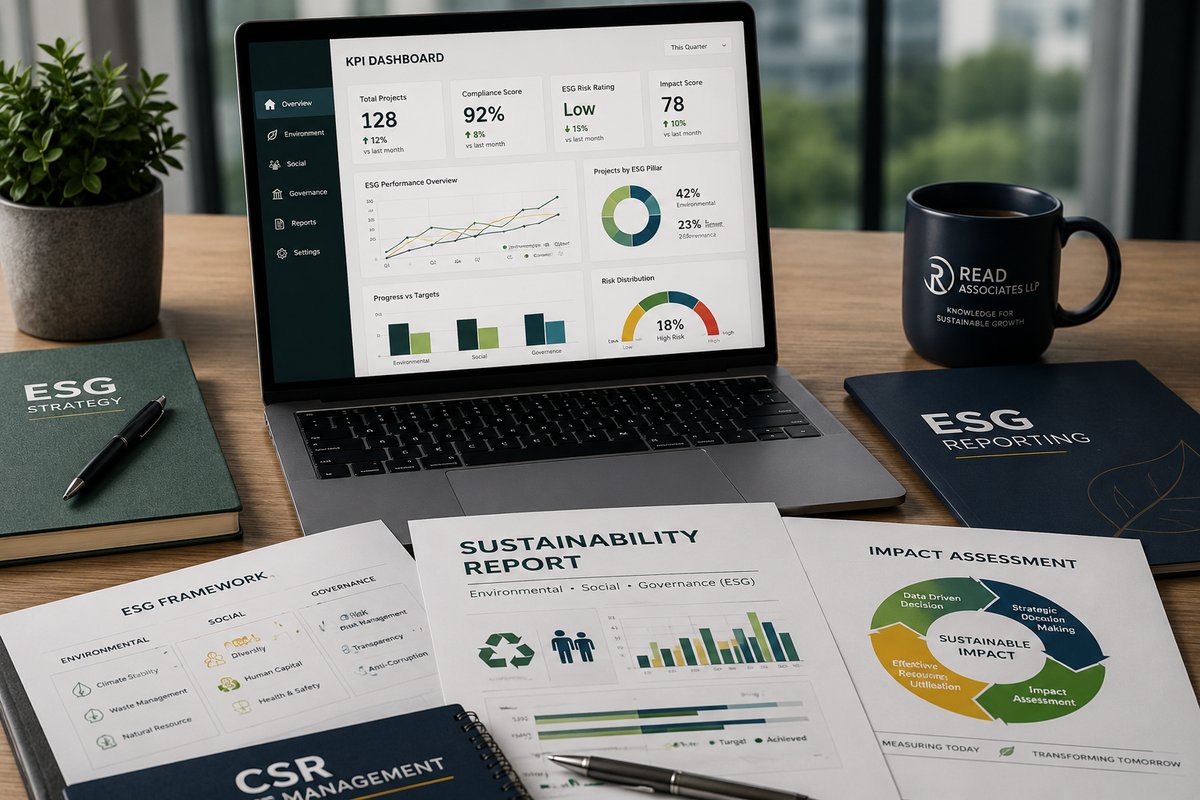 ESG strategy materials - sustainability reports, KPI dashboard